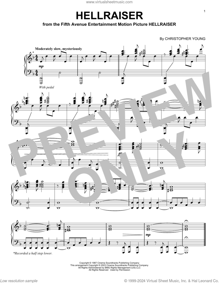 Hellraiser sheet music for piano solo by Christopher Young, intermediate skill level