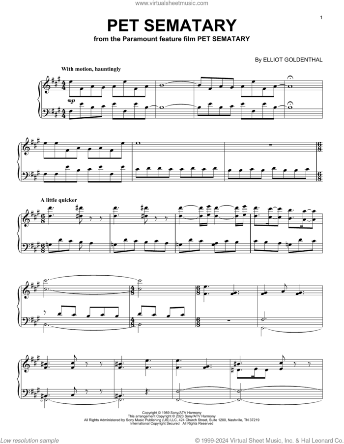 Pet Sematary sheet music for piano solo by Elliot Goldenthal, intermediate skill level