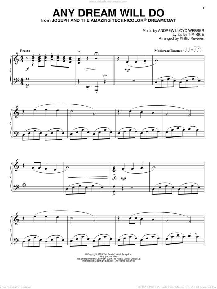 Any Dream Will Do (from Joseph and the Amazing Technicolor Dreamcoat) (arr. Phillip Keveren) sheet music for piano solo by Andrew Lloyd Webber, Phillip Keveren, Joseph And The Amazing Technicolor Dreamcoat (Musical) and Tim Rice, intermediate skill level