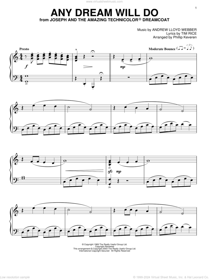 Any Dream Will Do (from Joseph and the Amazing Technicolor Dreamcoat) (arr. Phillip Keveren) sheet music for piano solo by Andrew Lloyd Webber, Phillip Keveren, Joseph And The Amazing Technicolor Dreamcoat (Musical) and Tim Rice, intermediate skill level