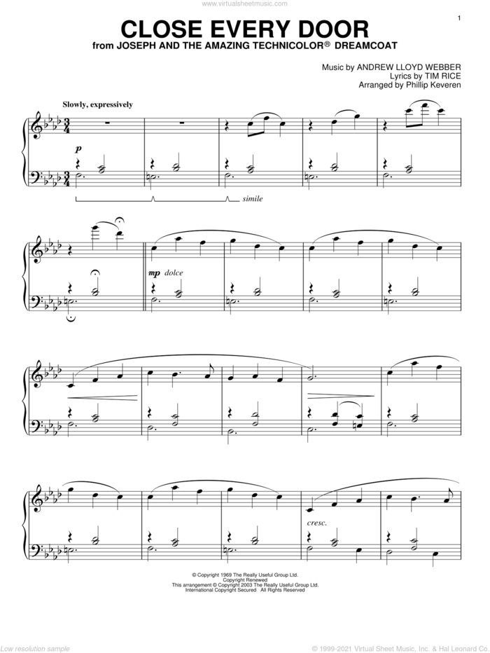 Close Every Door (from Joseph and the Amazing Technicolor Dreamcoat) (arr. Phillip Keveren) sheet music for piano solo by Andrew Lloyd Webber, Phillip Keveren, Joseph And The Amazing Technicolor Dreamcoat (Musical) and Tim Rice, intermediate skill level