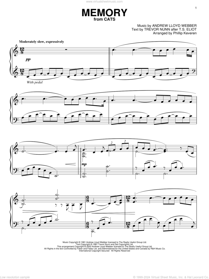 Memory (from Cats) (arr. Phillip Keveren), (intermediate) (from Cats) sheet music for piano solo by Andrew Lloyd Webber, Phillip Keveren, Barbra Streisand, Cats (Musical), T.S. Eliot and Trevor Nunn, intermediate skill level