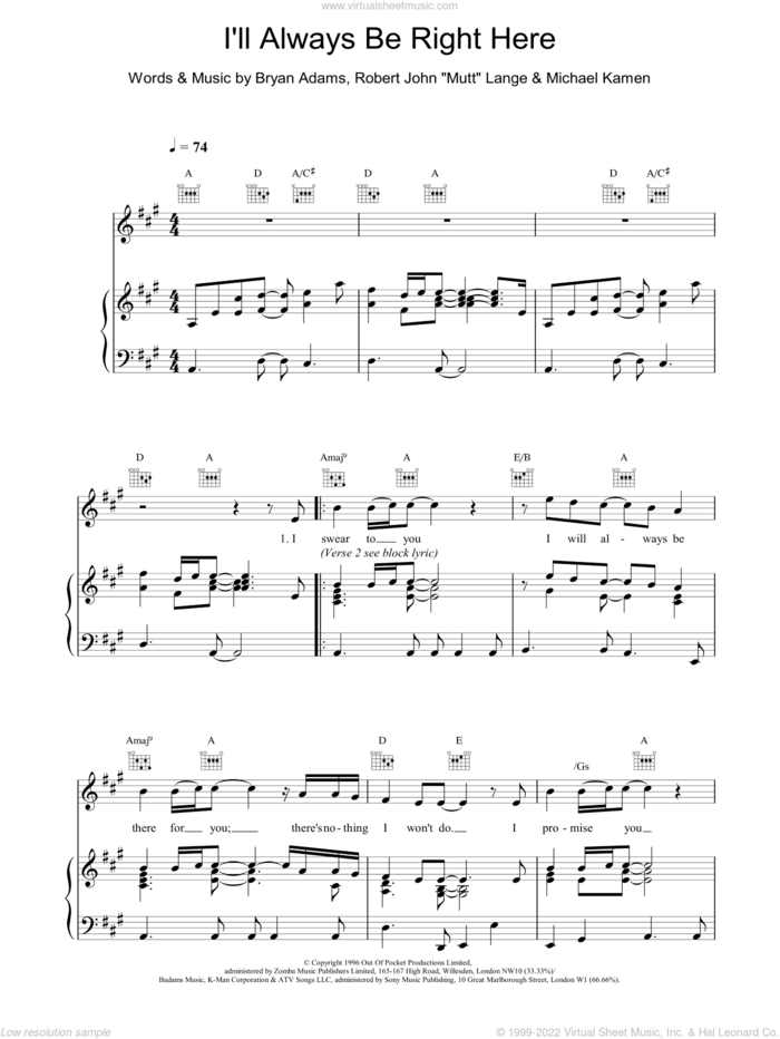 I'll Always Be Right Here sheet music for voice, piano or guitar by Robert John Lange, Bryan Adams and ADAMS, intermediate skill level
