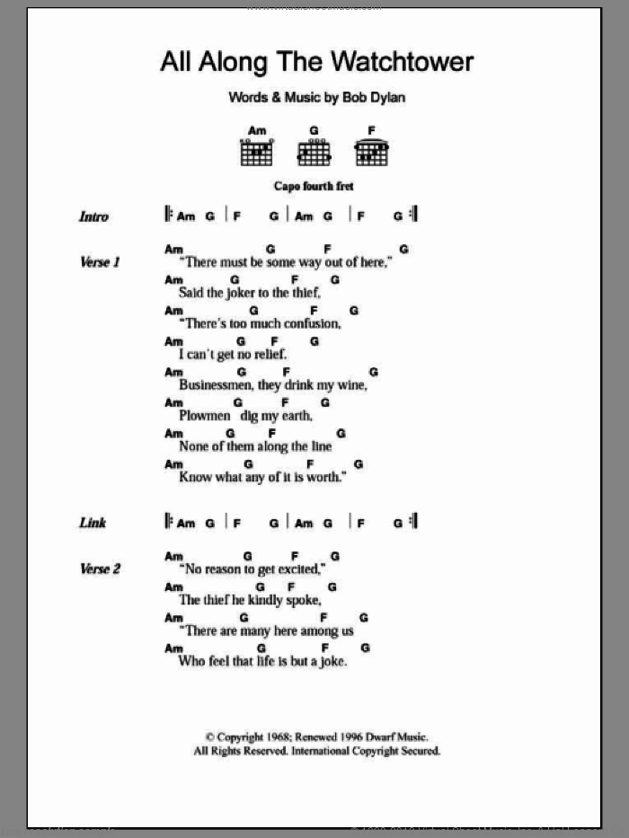 All Along The Watchtower sheet music for guitar (chords) by Bob Dylan and Jimi Hendrix, intermediate skill level
