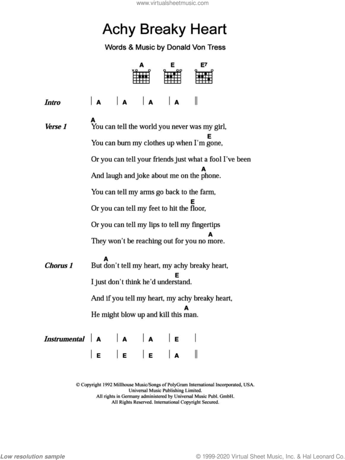 Achy Breaky Heart sheet music for guitar (chords) by Billy Ray Cyrus and Don Von Tress, intermediate skill level
