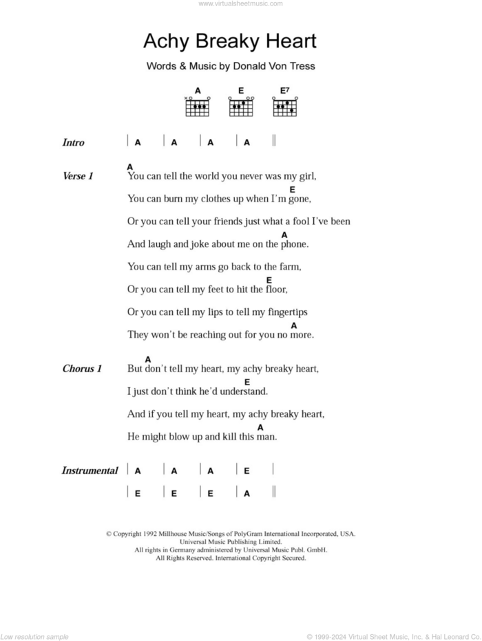 Achy Breaky Heart sheet music for guitar (chords) by Billy Ray Cyrus and Don Von Tress, intermediate skill level