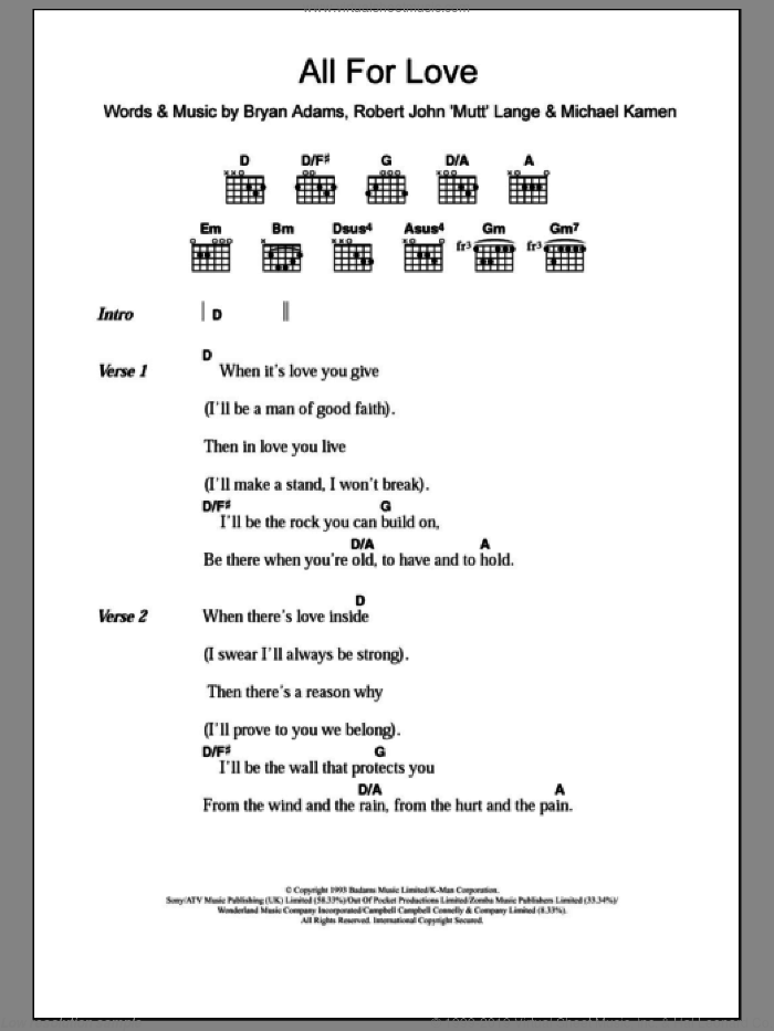 All For Love sheet music for guitar (chords) by Bryan Adams, Michael Kamen and Robert John Lange, intermediate skill level