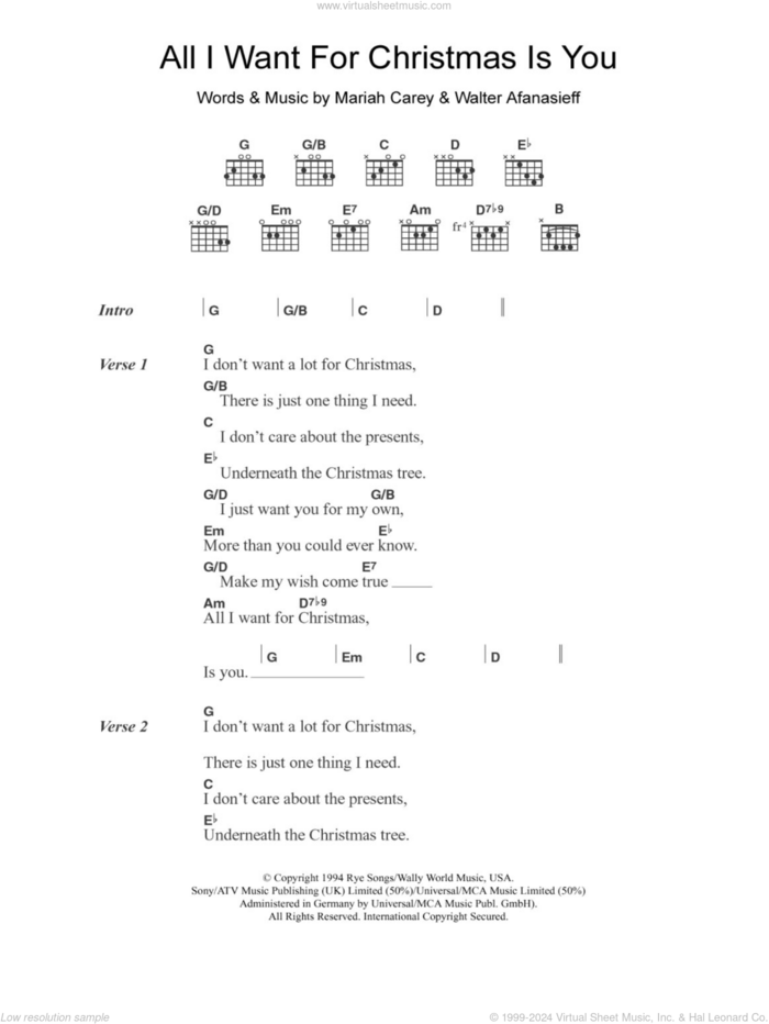 All I Want For Christmas Is You sheet music for guitar (chords) by Mariah Carey, Olivia Olson and Walter Afanasieff, intermediate skill level