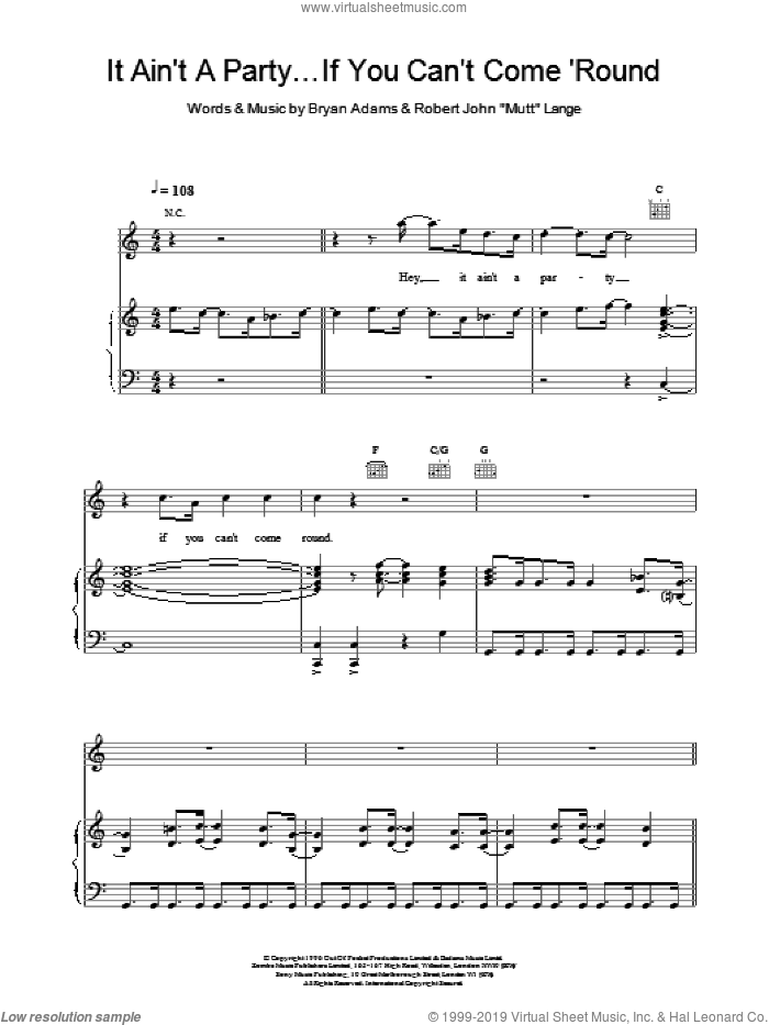 It Ain't A Party If You Can't Come Round sheet music for voice, piano or guitar by Robert John Lange, Bryan Adams and ADAMS, intermediate skill level