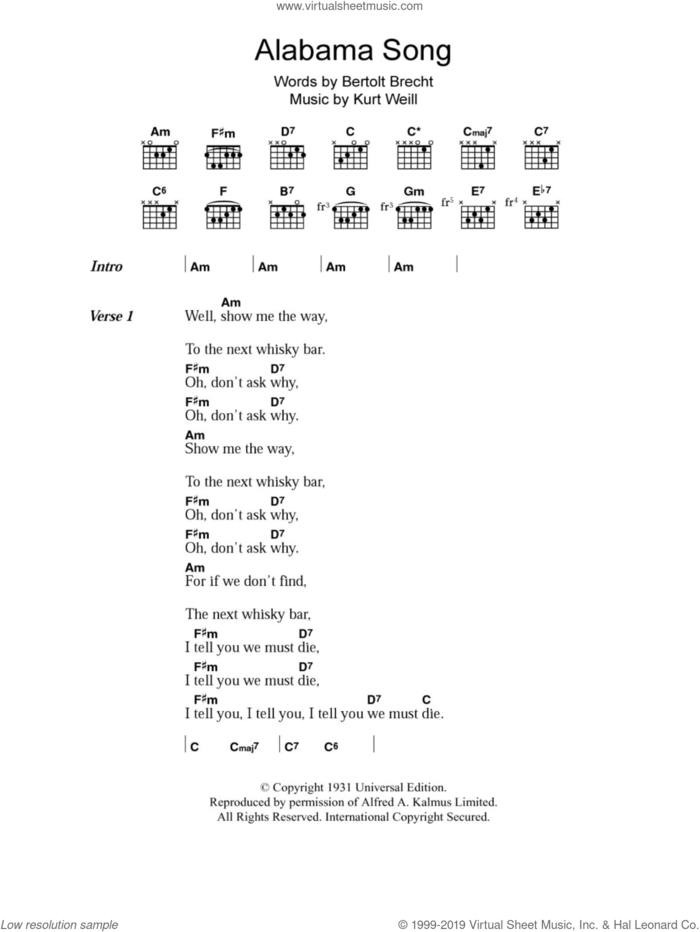 Alabama Song sheet music for guitar (chords) by The Doors, Bertolt Brecht and Kurt Weill, intermediate skill level