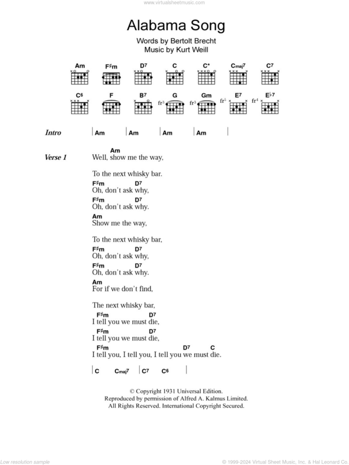 Alabama Song sheet music for guitar (chords) by The Doors, Bertolt Brecht and Kurt Weill, intermediate skill level