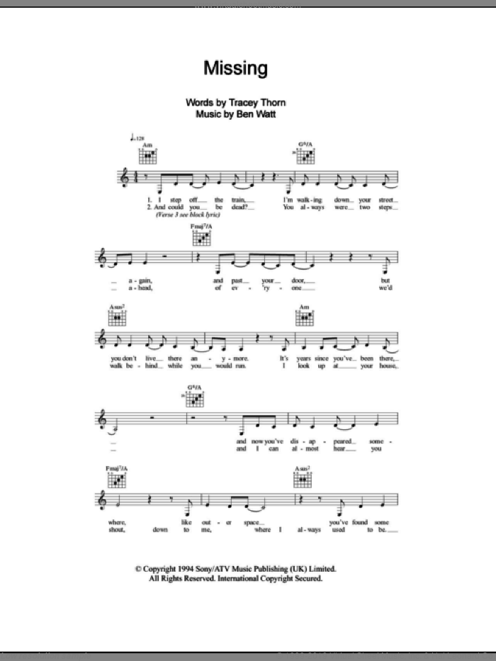 Missing sheet music for voice and other instruments (fake book) by Everything But The Girl, Ben Watt and Tracey Thorn, intermediate skill level