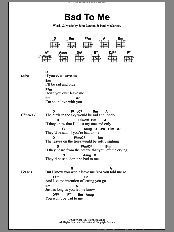 Bad To Me sheet music for guitar (chords) by The Beatles, John Lennon and Paul McCartney, intermediate skill level