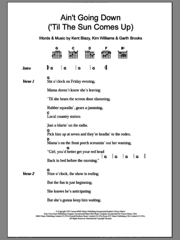 Ain't Going Down (Til The Sun Comes Up) sheet music for guitar (chords) by Garth Brooks, Kent Blazy and Kim Williams, intermediate skill level