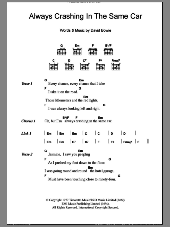 Always Crashing In The Same Car sheet music for guitar (chords) by David Bowie, intermediate skill level