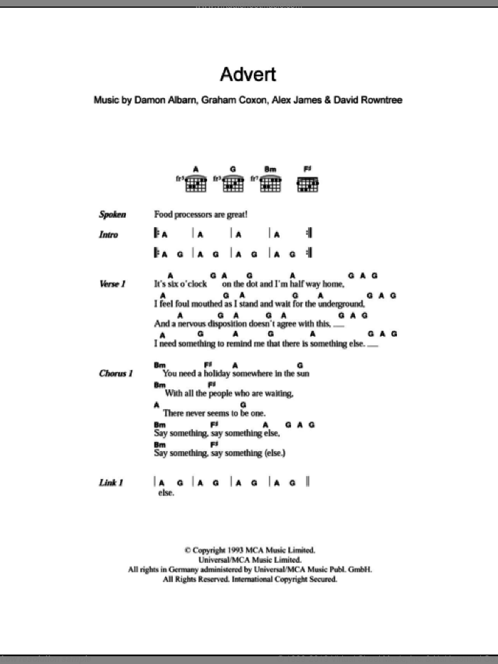Advert sheet music for guitar (chords) by Blur, Alex James, Damon Albarn, David Rowntree and Graham Coxon, intermediate skill level