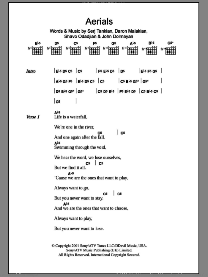 Aerials sheet music for guitar (chords) by System Of A Down, Daron Malakian, John Dolmayan, Serj Tankian and Shavo Odadjian, intermediate skill level