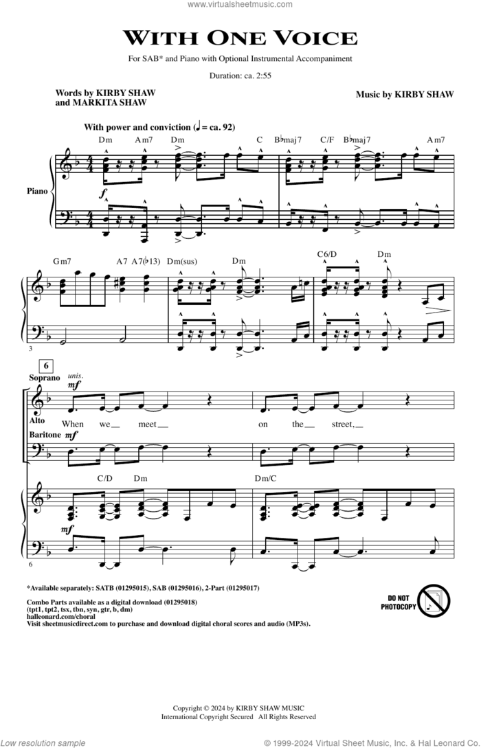 With One Voice sheet music for choir (SAB: soprano, alto, bass) by Kirby Shaw and Markita Shaw, intermediate skill level