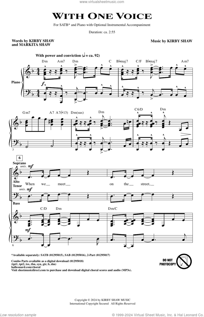 With One Voice sheet music for choir (SATB: soprano, alto, tenor, bass) by Kirby Shaw and Markita Shaw, intermediate skill level