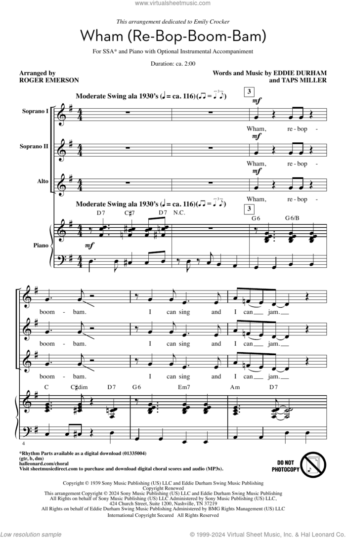 Wham (Re-Bop-Boom-Bam) sheet music for choir (SSA: soprano, alto) by Mildred Bailey, Roger Emerson, Eddie Durham and Taps Miller, intermediate skill level