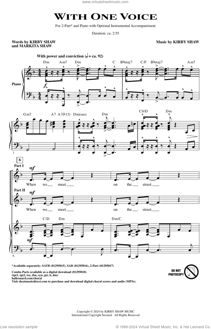 With One Voice sheet music for choir (2-Part) by Kirby Shaw and Markita Shaw, intermediate duet