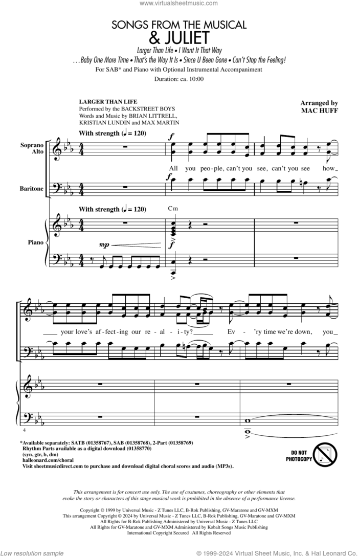 Songs from the Musical '& Juliet' (Choral Medley) sheet music for choir (SAB: soprano, alto, bass) by Mac Huff, intermediate skill level