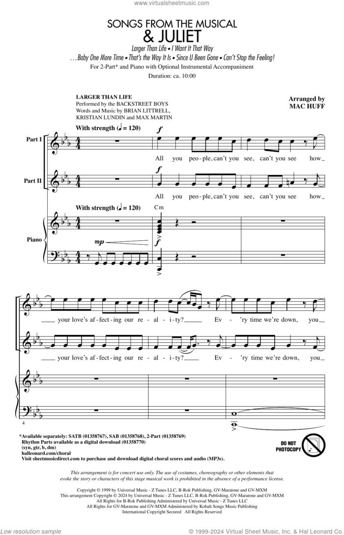 Songs from the Musical '& Juliet' (Choral Medley) sheet music for choir (2-Part) by Mac Huff, intermediate duet