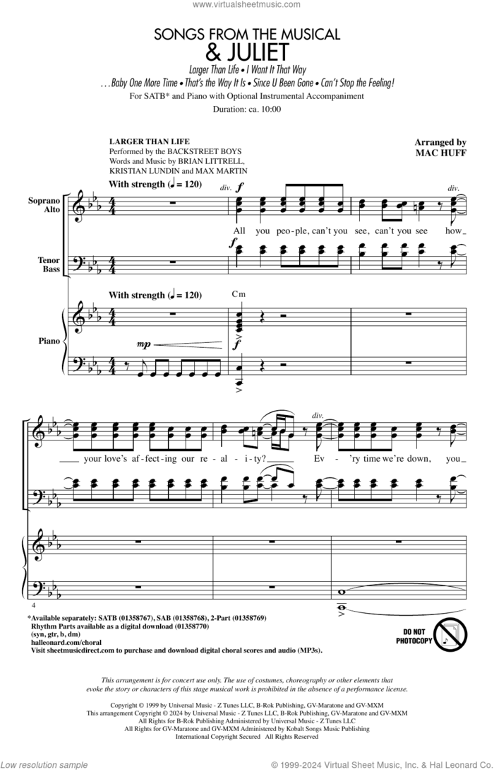 Songs from the Musical '& Juliet' (Choral Medley) sheet music for choir (SATB: soprano, alto, tenor, bass) by Mac Huff, intermediate skill level