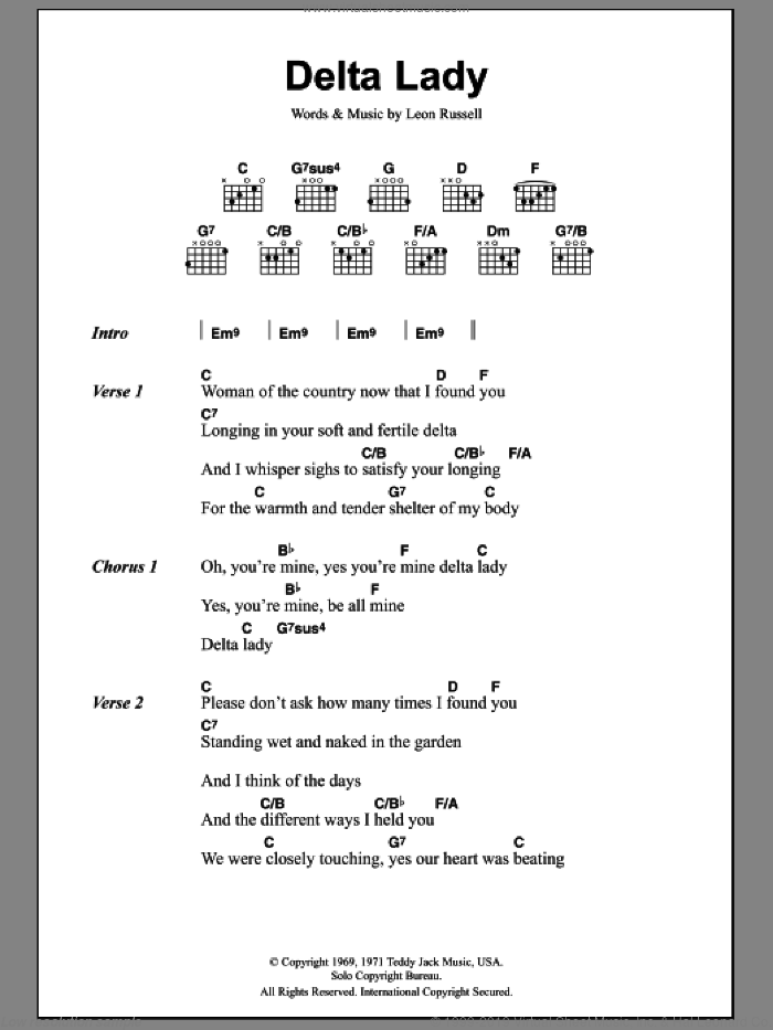 Delta Lady sheet music for guitar (chords) by Joe Cocker and Leon Russell, intermediate skill level