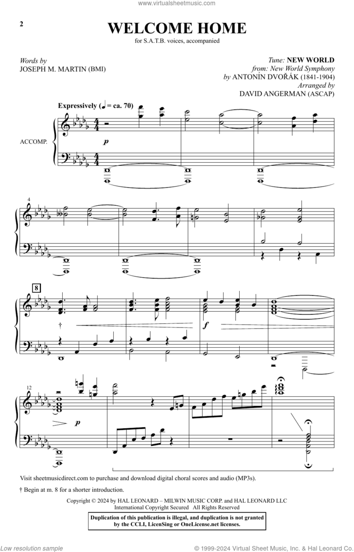 Welcome Home (arr. David Angerman) sheet music for choir (SATB: soprano, alto, tenor, bass) by Antonin Dvorak, David Angerman and Joseph M. Martin, intermediate skill level