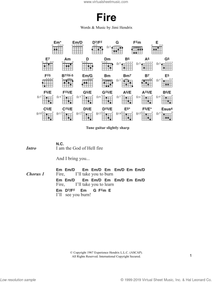 Fire sheet music for guitar (chords) by Jimi Hendrix, intermediate skill level