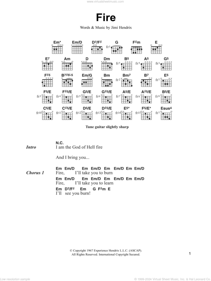 Fire sheet music for guitar (chords) by Jimi Hendrix, intermediate skill level