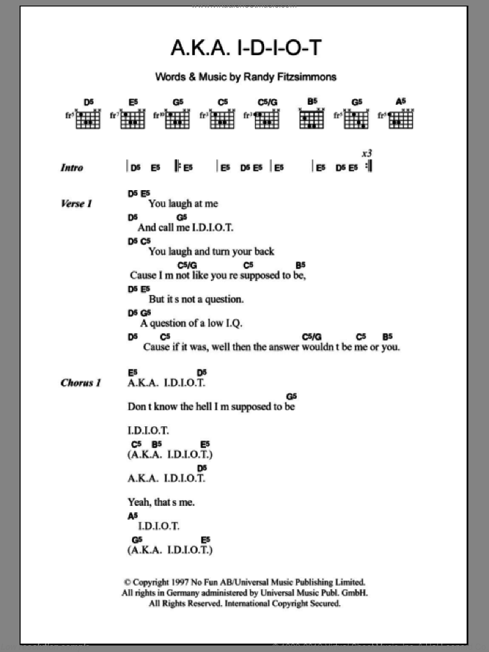 A.K.A. I-D-I-O-T sheet music for guitar (chords) by The Hives and Randy Fitzsimmons, intermediate skill level