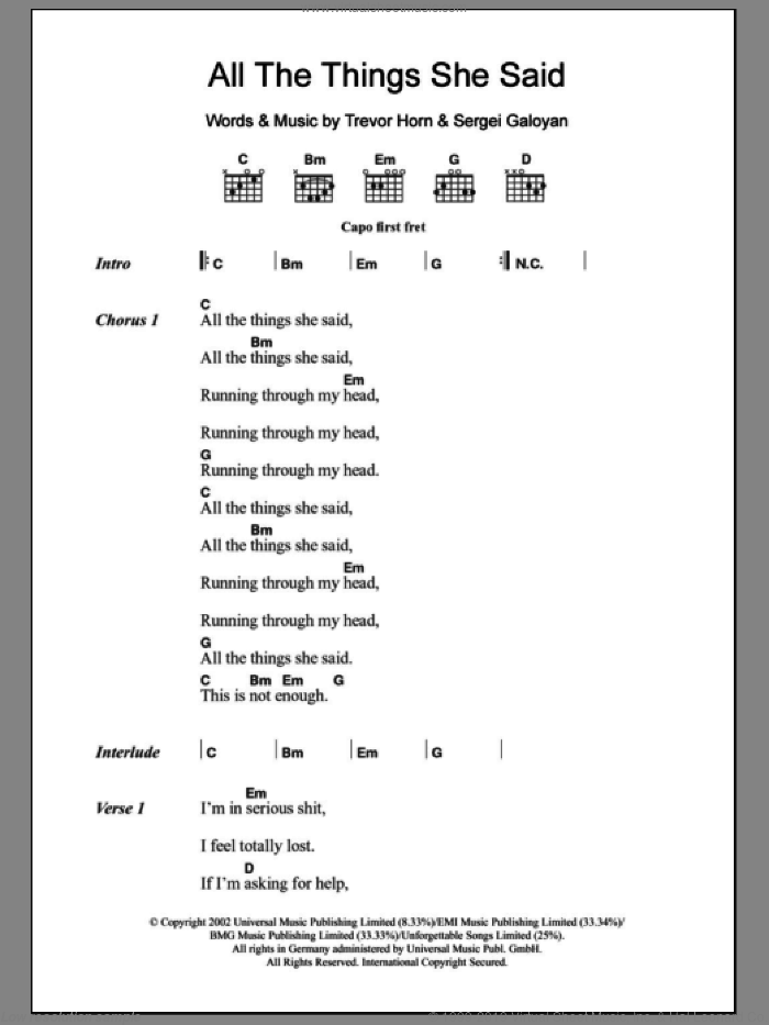 All The Things She Said sheet music for guitar (chords) by Tatu, Sergei Galoyan and Trevor Horn, intermediate skill level