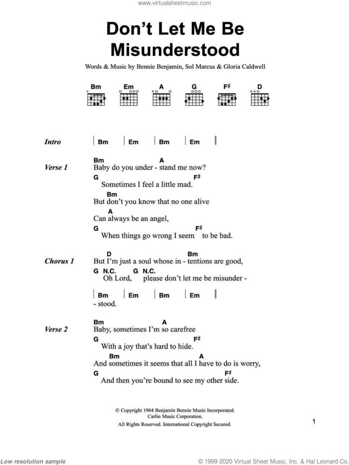 Don't Let Me Be Misunderstood sheet music for guitar (chords) by The Animals, Nina Simone, Bennie Benjamin, Gloria Caldwell and Sol Marcus, intermediate skill level
