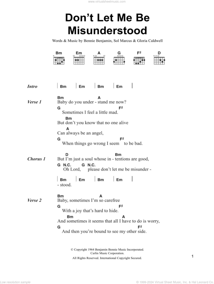 Don't Let Me Be Misunderstood sheet music for guitar (chords) by The Animals, Nina Simone, Bennie Benjamin, Gloria Caldwell and Sol Marcus, intermediate skill level