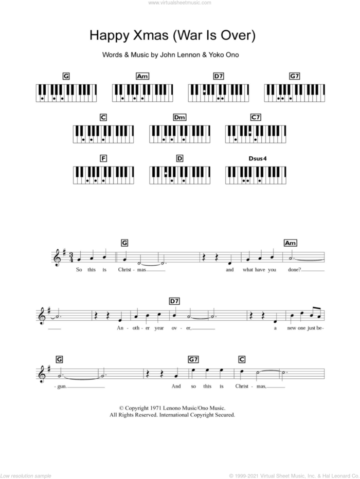Happy Xmas (War Is Over) sheet music for piano solo (chords, lyrics, melody) by John Lennon, Plastic Ono Band and Yoko Ono, intermediate piano (chords, lyrics, melody)