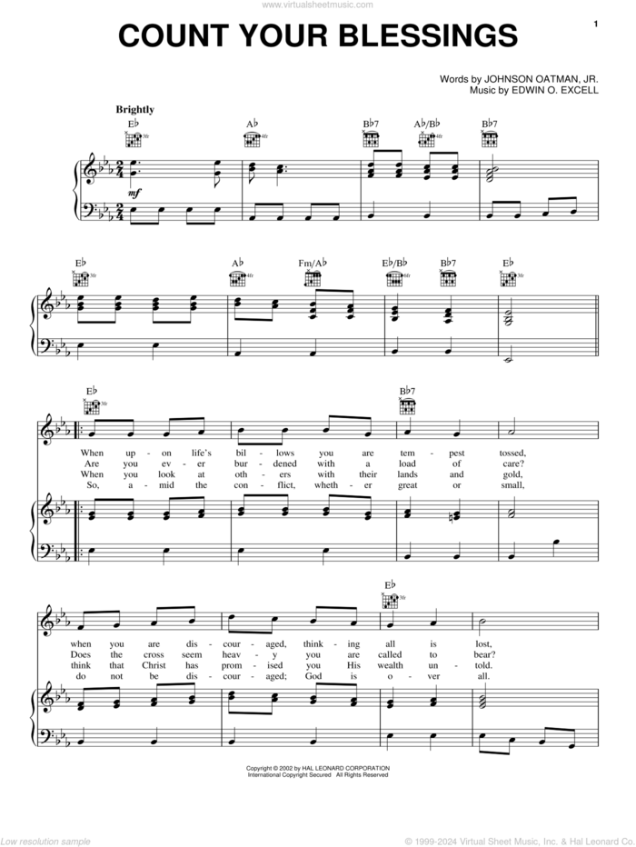 Count Your Blessings sheet music for voice, piano or guitar by Edwin O. Excell and Johnson Oatman, Jr., intermediate skill level