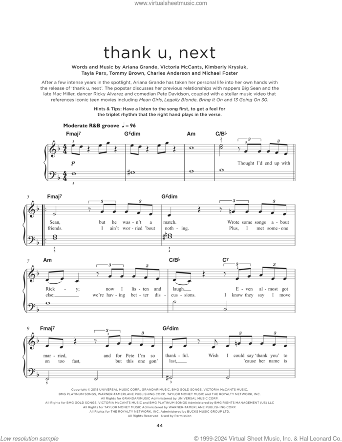 thank u, next, (beginner) sheet music for piano solo by Ariana Grande, Charles Anderson, Kimberly Krysiuk, Michael Foster, Tayla Parx, Tommy Brown and Victoria McCants, beginner skill level
