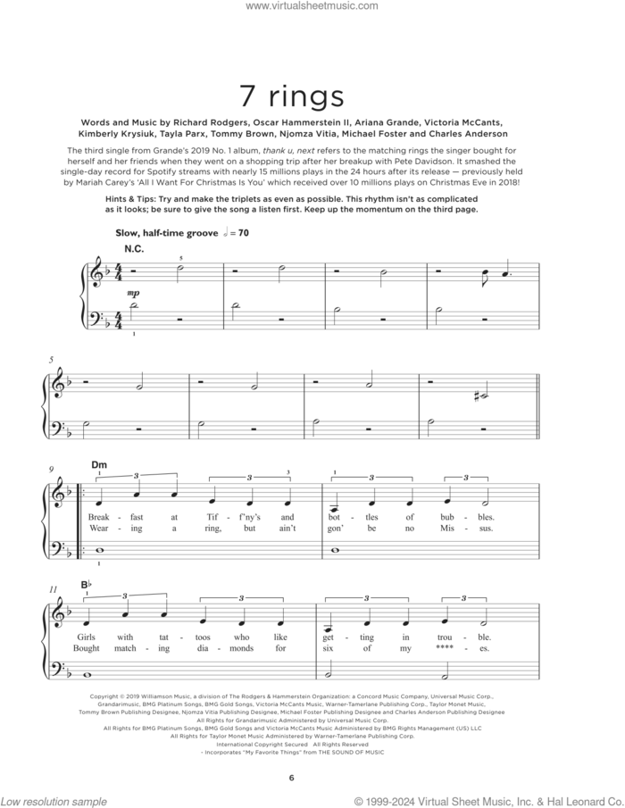 7 Rings, (beginner) sheet music for piano solo by Ariana Grande, Charles Anderson, Kimberly Krysiuk, Michael Foster, Njomza Vitia, Oscar II Hammerstein, Richard Rodgers, Tayla Parx, Tommy Brown and Victoria McCants, beginner skill level