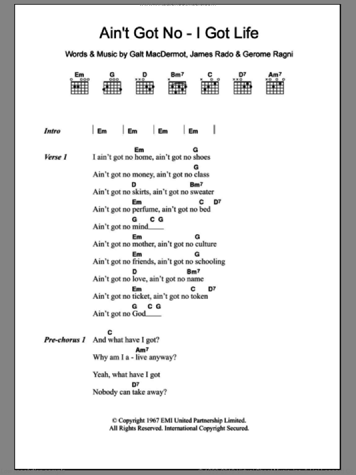 Ain't Got No - I Got Life sheet music for guitar (chords) by Nina Simone, Galt MacDermot, Gerome Ragni and James Rado, intermediate skill level