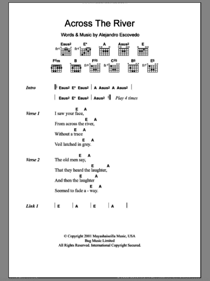 Across The River sheet music for guitar (chords) by Alejandro Escovedo, intermediate skill level