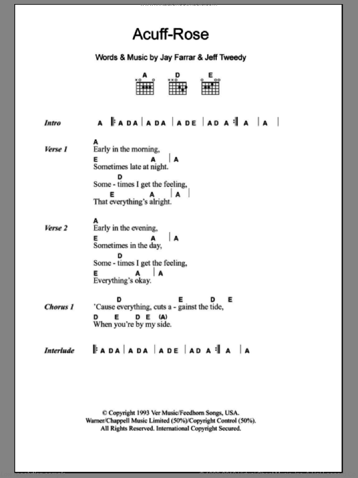 Acuff-Rose sheet music for guitar (chords) by Uncle Tupelo, Jay Farrar and Jeff Tweedy, intermediate skill level