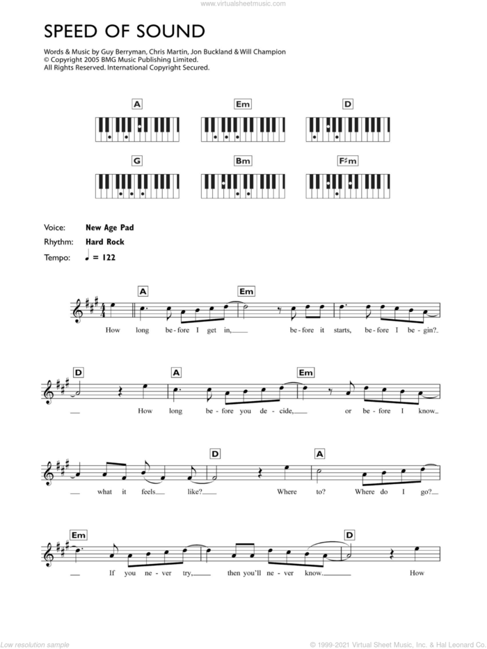 Speed Of Sound sheet music for piano solo (chords, lyrics, melody) by Coldplay, Chris Martin, Guy Berryman, Jon Buckland and Will Champion, intermediate piano (chords, lyrics, melody)