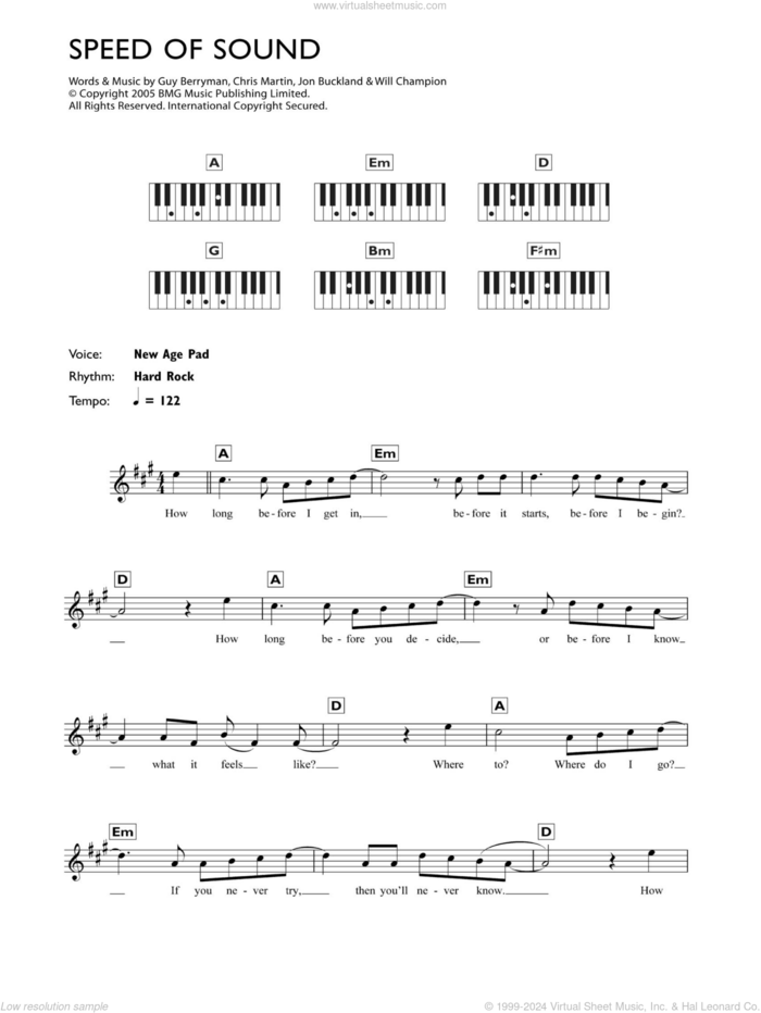 Speed Of Sound sheet music for piano solo (chords, lyrics, melody) by Coldplay, Chris Martin, Guy Berryman, Jon Buckland and Will Champion, intermediate piano (chords, lyrics, melody)