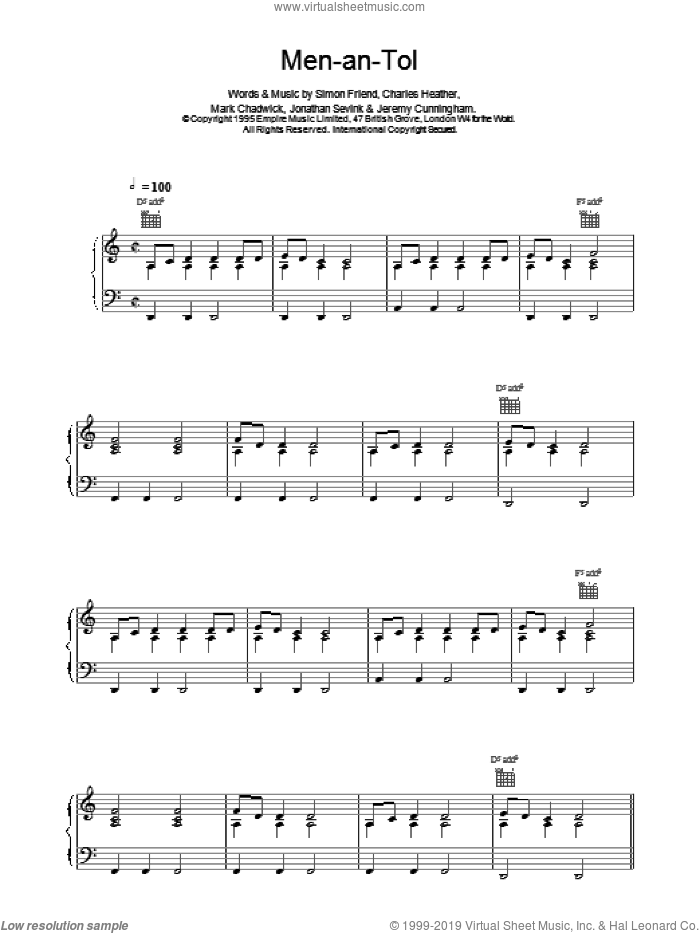 Men-an-Tol sheet music for voice, piano or guitar by The Levellers, CHADWICK, Charles Heather and FRIEND, intermediate skill level