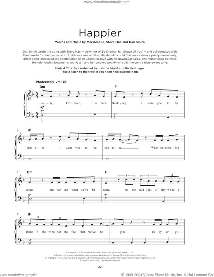 Happier, (beginner) sheet music for piano solo by Marshmello & Bastille, Dan Smith, Marshmello and Steve Mac, beginner skill level