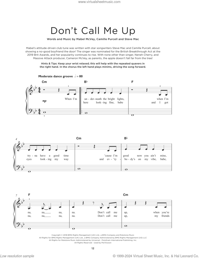 Don't Call Me Up sheet music for piano solo by Mabel, Camille Purcell, Mabel McVey and Steve Mac, beginner skill level