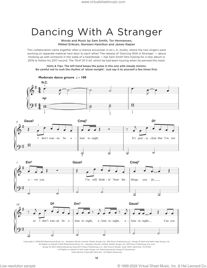 Dancing With A Stranger, (beginner) sheet music for piano solo by Sam Smith & Normani, James Napier, Mikkel Eriksen, Normani Hamilton, Sam Smith and Tor Erik Hermansen, beginner skill level