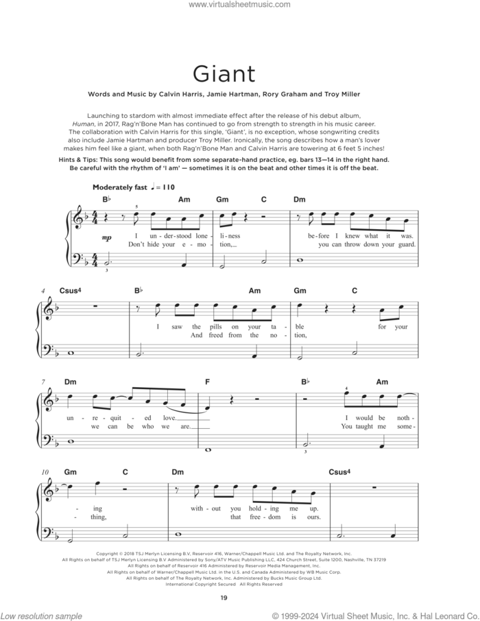 Giant sheet music for piano solo by Calvin Harris & Rag 'n' Bone Man, Calvin Harris (adam Wiles), Jamie Hartman, Rory Graham and Troy Miller, beginner skill level